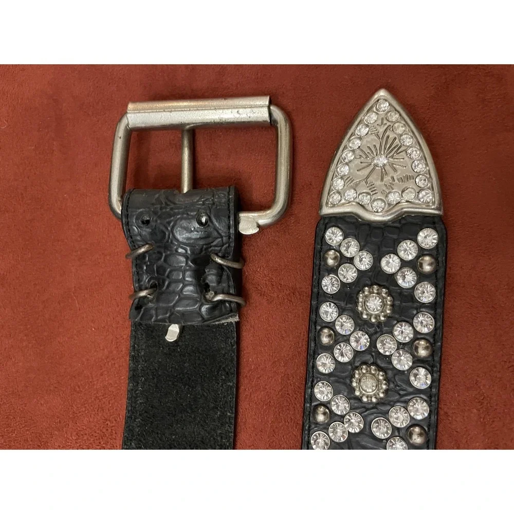 Studded Leather Belt Mens XL Black Rhinestone Western Buckle Croc Embossed
